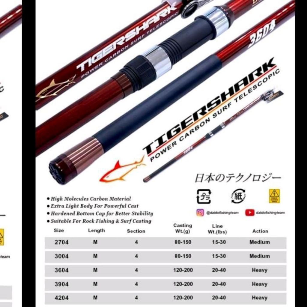 joran pancing daido tiger shark 360 390 420 450 antena surf pantai carbon