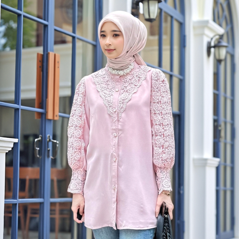 Atasan Wanita Lengan Panjang Rayon Premium/Atasan Brokat Bordir Warna Putih