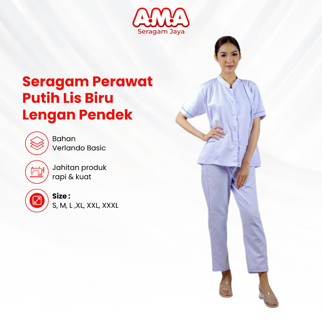 Baju Perawat Wanita Putih Lis Biru Seragam Oka Jaga Dinas Medis Lengan Pendek Adem Verlando Basic