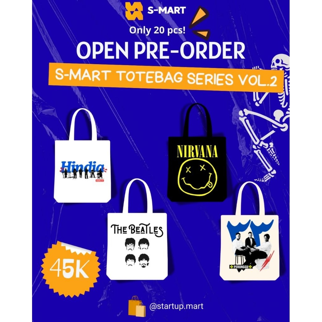 Totebag Band Musik Hindia / Perunggu / The Beatles / Nirvana –  Tas Kain Motif Band Musik Vintage Un