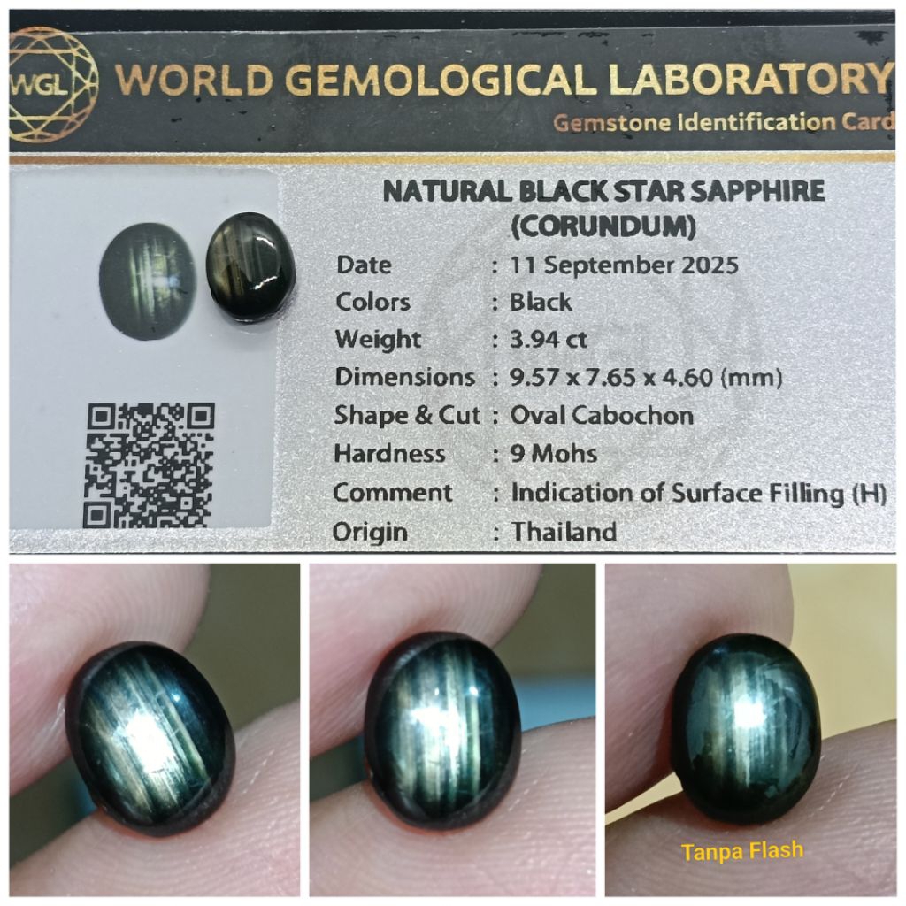 Natural Black Star Sapphire Thailand 3,9ct Heat only memo WGL Safir Star bagus