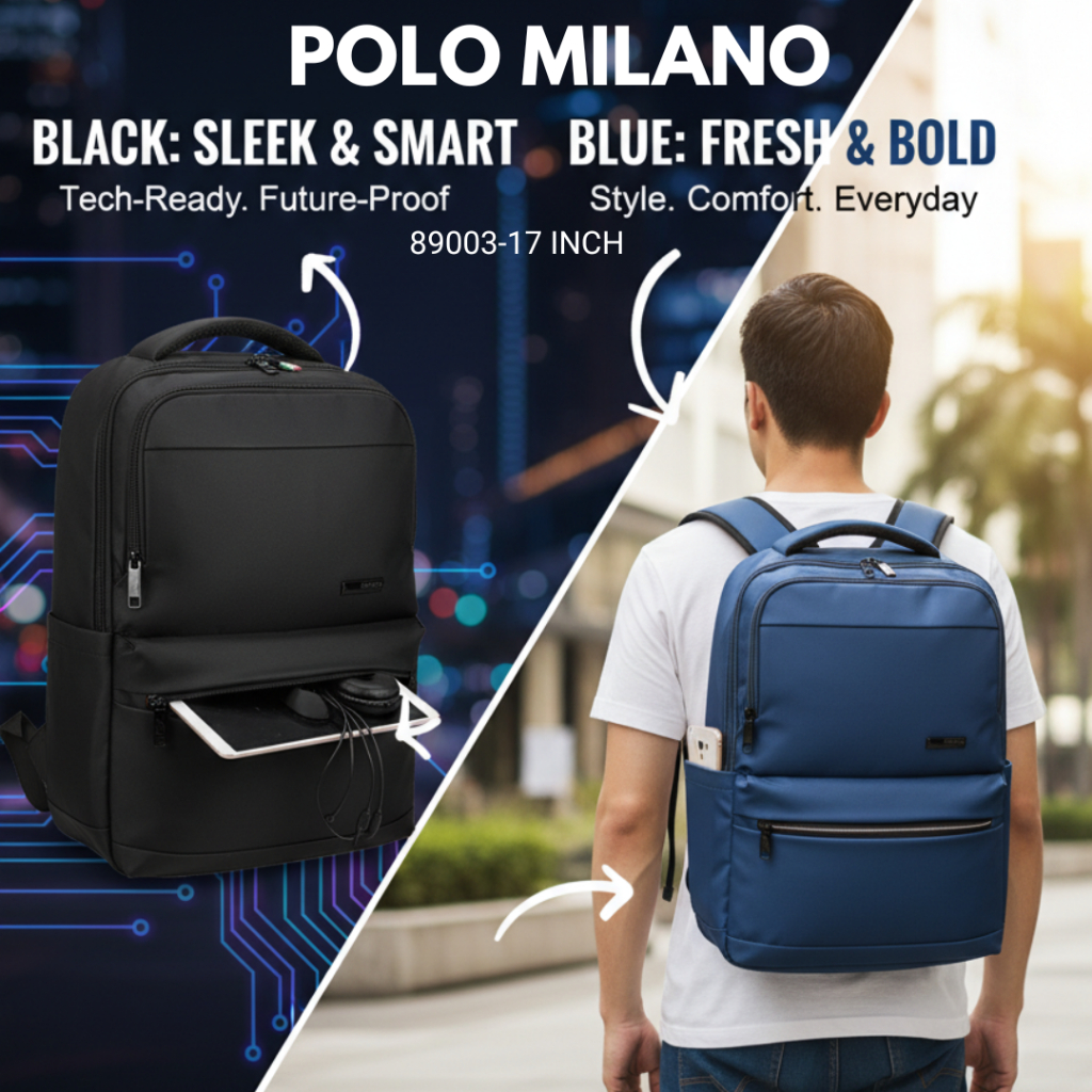 Ransel Pria POLO MILANO 89003-17inch, Backpack Pria / Sekolah / Kuliah / Kerja / Anti Air / Import