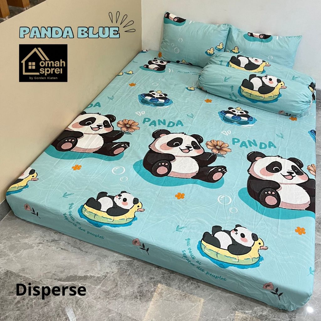 SPREI NEW MOTIF PANDA BLUE SET SARUNG BANTAL SARUNG GULING BERKUALITAS  PREMIUM UK.120/160/180