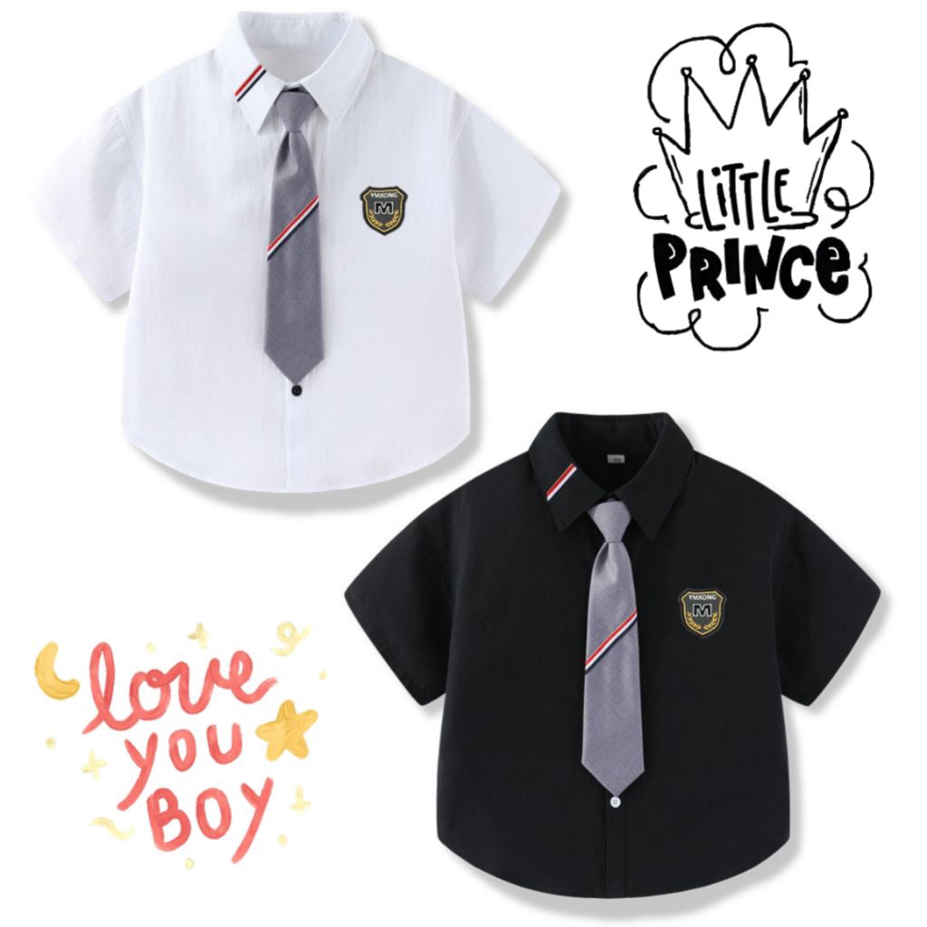 KEMEJA ANAK LAKI IMPORT MURAH KOREAN STYLE HITAM PUTIH 2IN1 FREE DASI