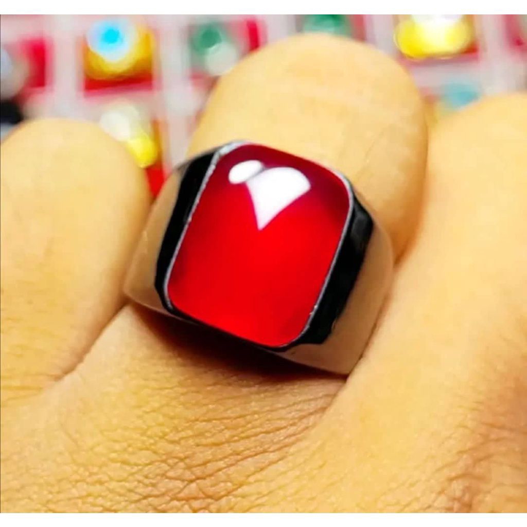 Cincin Batu Akik Asli Natural Red Baron Pacitan Kotak Ring Titanium Anti Karat Anti Luntur
