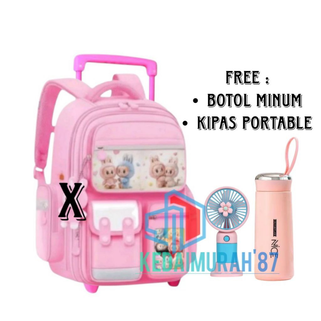 Tas Ransel Troli Labubu Anak Perempuan Sekolah TK SD Kapasitas Besar Tas Dorong Tas Troli Tas Anak