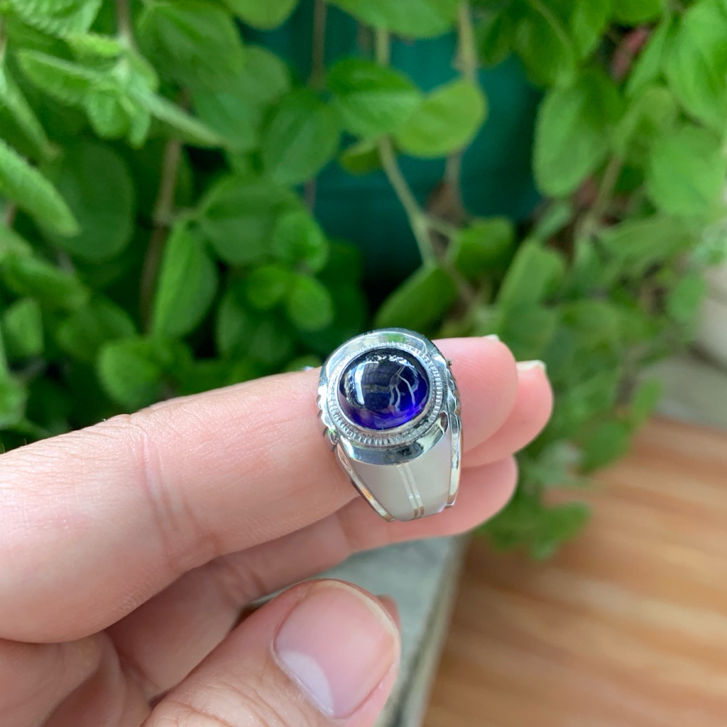 Cincin Batu Natural Royal Blue Safir Cabochon Memo Ring Monel Doff Handmade Size 7,5