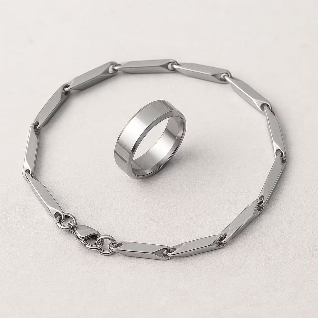 SATU SET GELANG RANTAI PADI TITANIUM DAN CINCIN POLOS PRIA WANITA