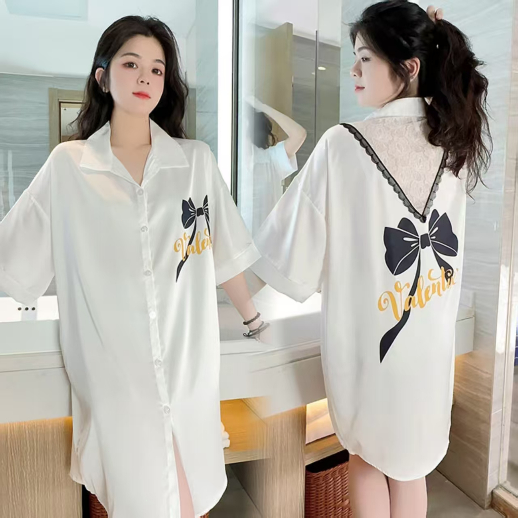 Dress tidur korea wanita premium stura es jumbo baju tidur dress kemeja wanita longgar adem