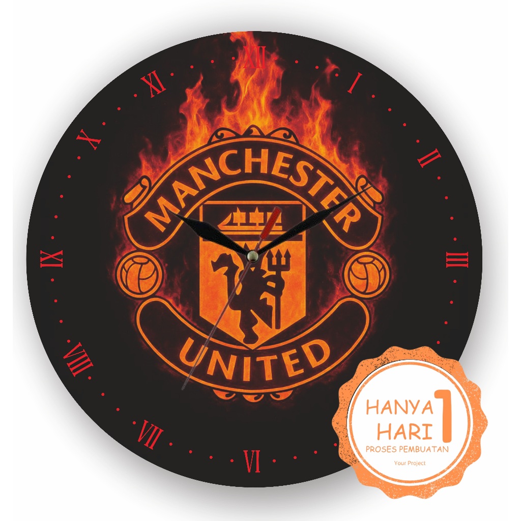Jam Dinding Kayu Custom Logo Bola Manchester United