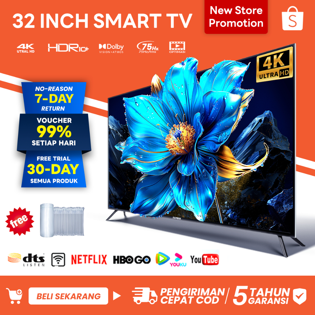 Smart 32 Inch TV 4K Netflix/Youtube/ Borderless 32/43/50 Inch TV Flat Screen Garansi 5 tahun