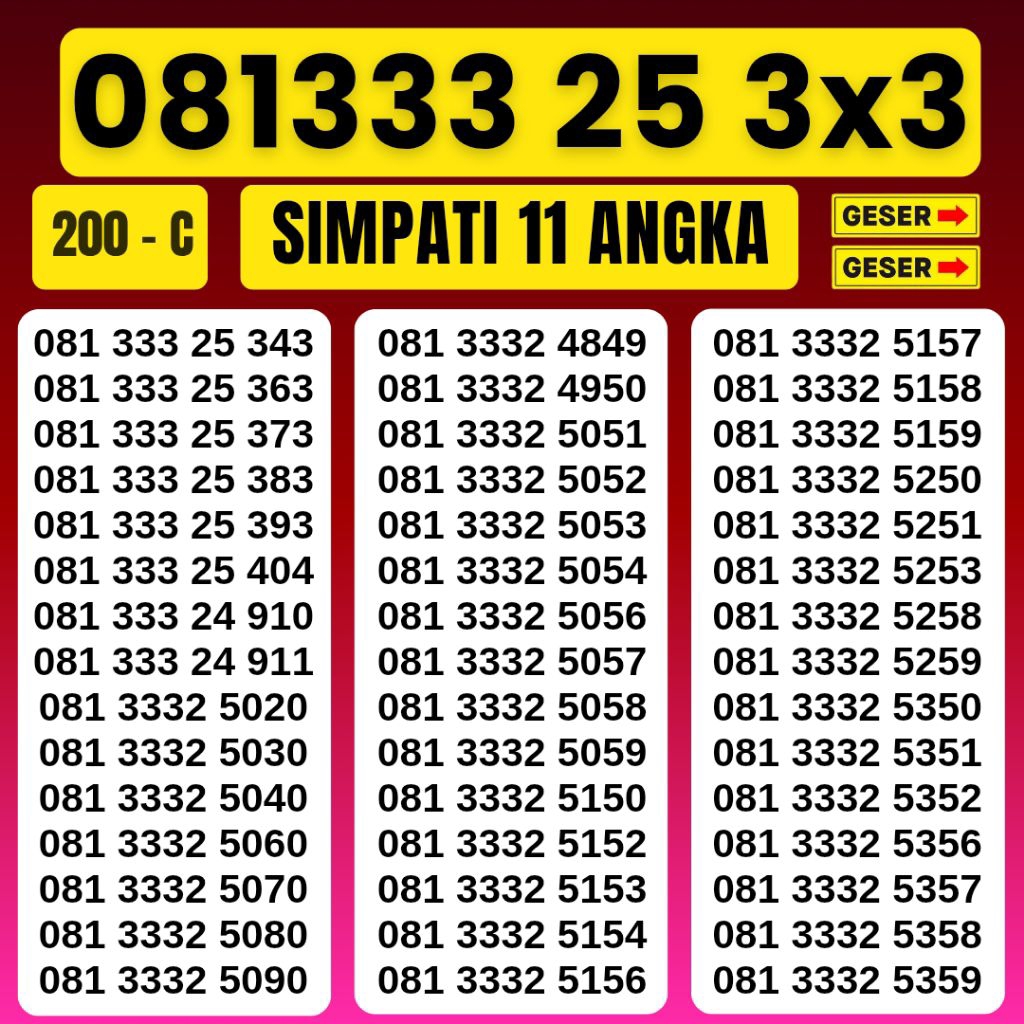 NOMOR CANTIK 11 DIGIT BONUS KUOTA 3GB UNLIMITED NOMOR 333