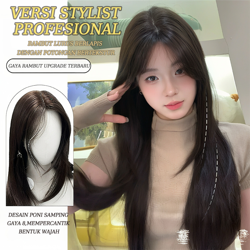 tanpa poni wig bando rambut panjang wik rambut wanita rambut palsu wanita Straight Lurus Natural hai