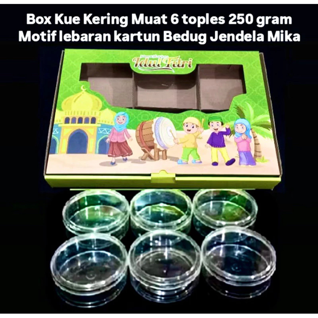 Box Kue Kering Muat 6 toples 250 gram Motif lebaran kartun Jendela Mika