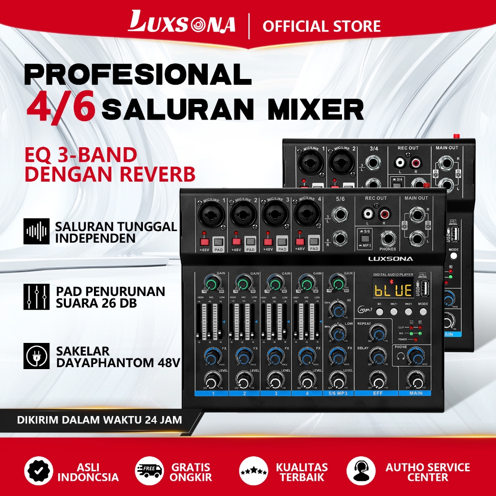 LUXSONA 4/6 mixer profesional/EQ Tiga-Band dengan Reverb/mixer audio murah/mixer profesional USB den