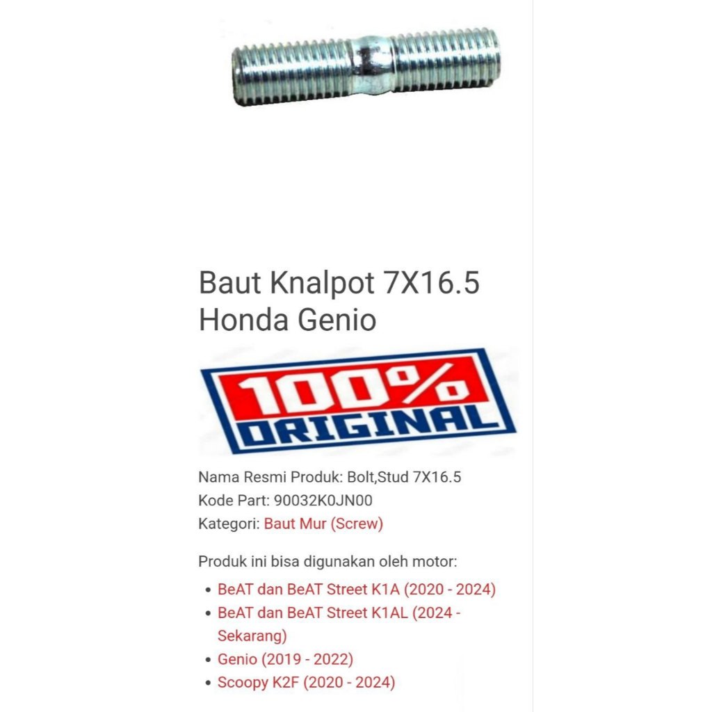 Baut Tanam Knalpot Genio, Beat Scoopy Esp 2020 Tebal Asli BARU Honda