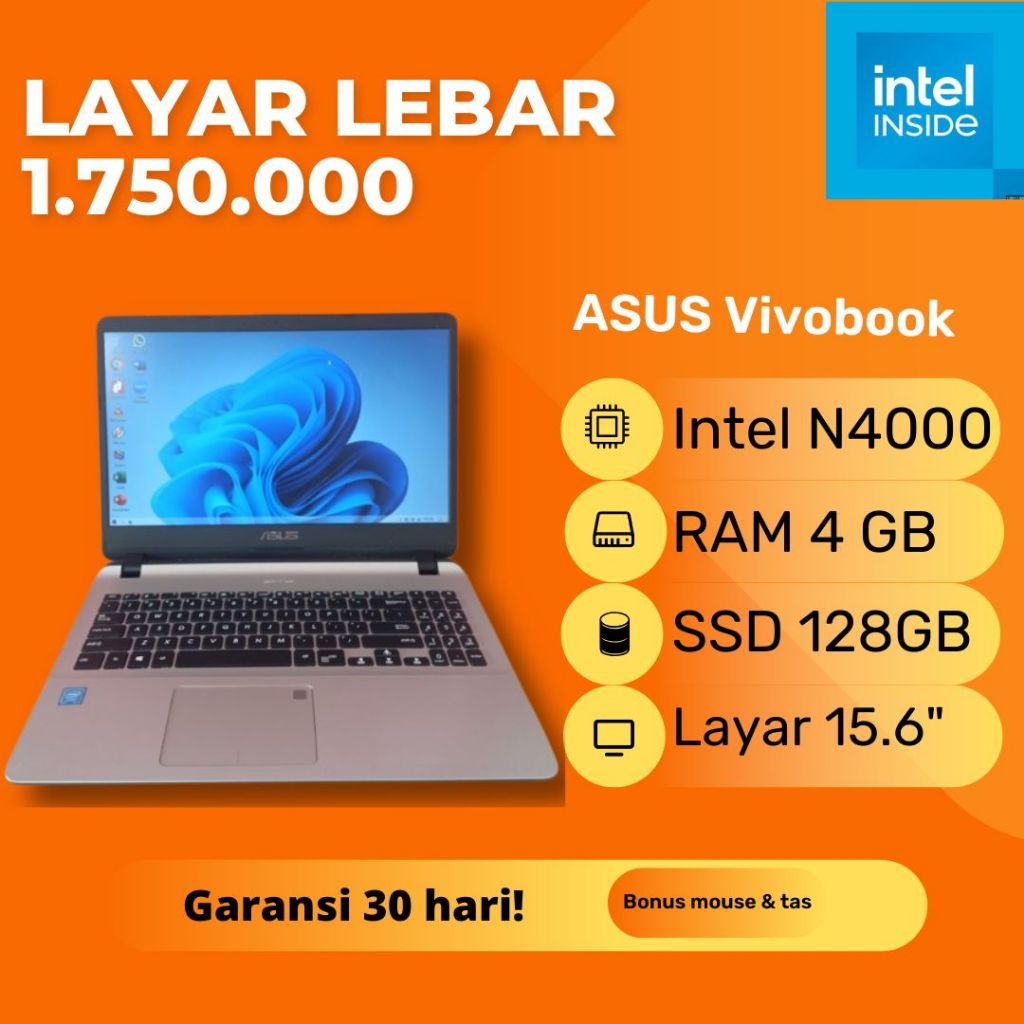 Laptop Asus Vivobook A507M Grey Silver Intel Celeron N4000 RAM 4GB SSD 120GB Layar 15.6 inch Second 