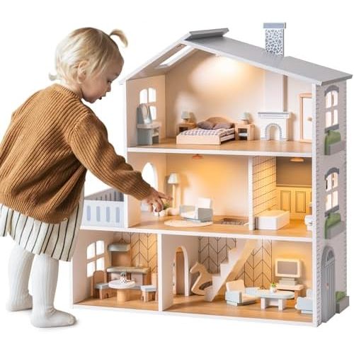 ROBOTIME Wooden Dollhouse, Wooden Doll House with