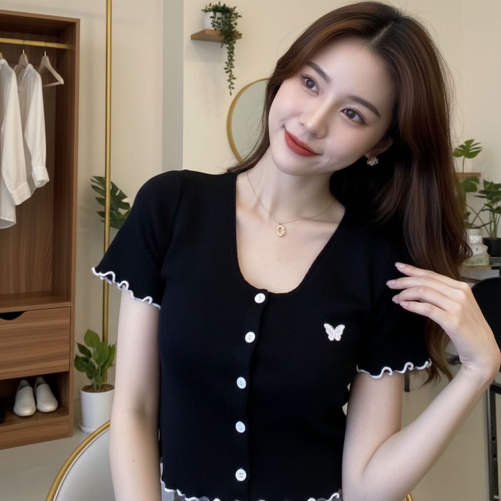 ELODY Crop Top Button Rib BUTTERFLY / Kaos Crop Top Lengan Pendek Korean Style Atasan Wanita Kancing