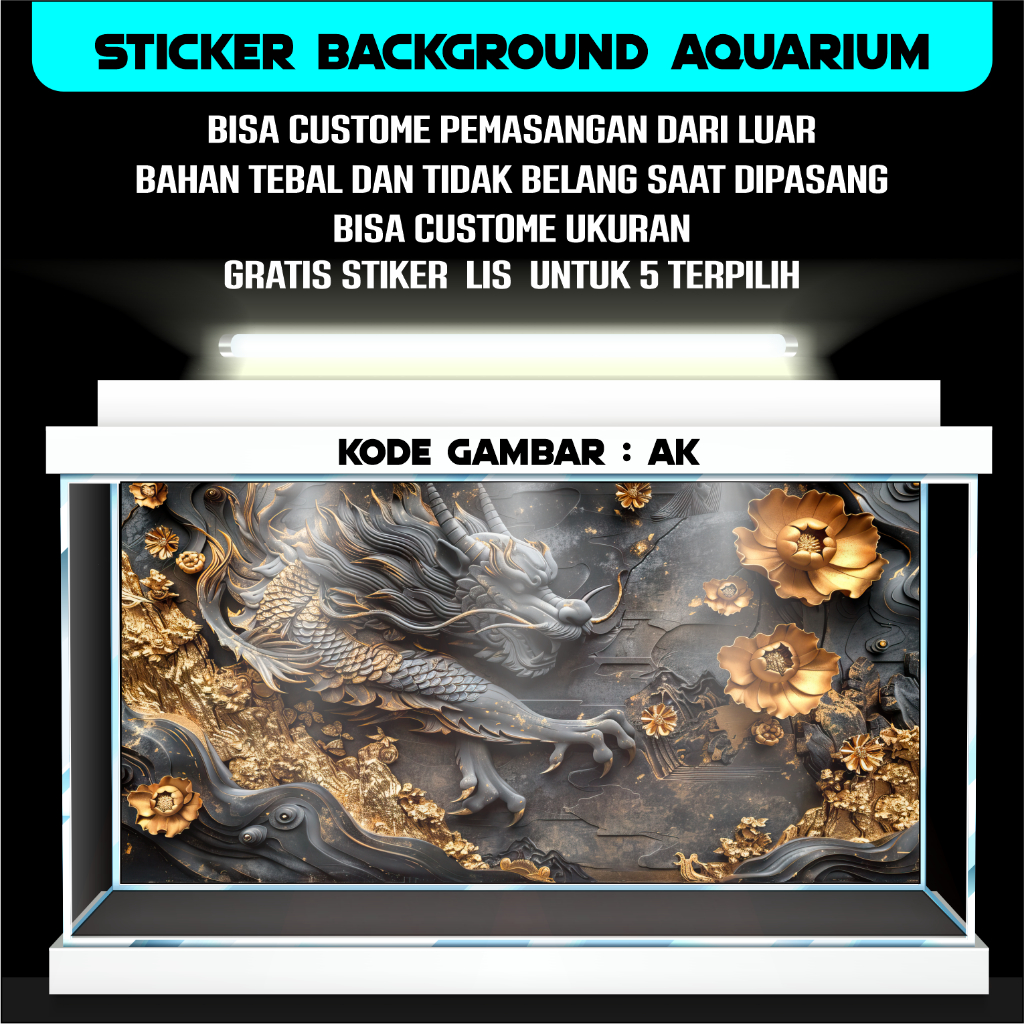 sticker wallpaper background aquarium belakang tema gambar naga gold dragon new AK2