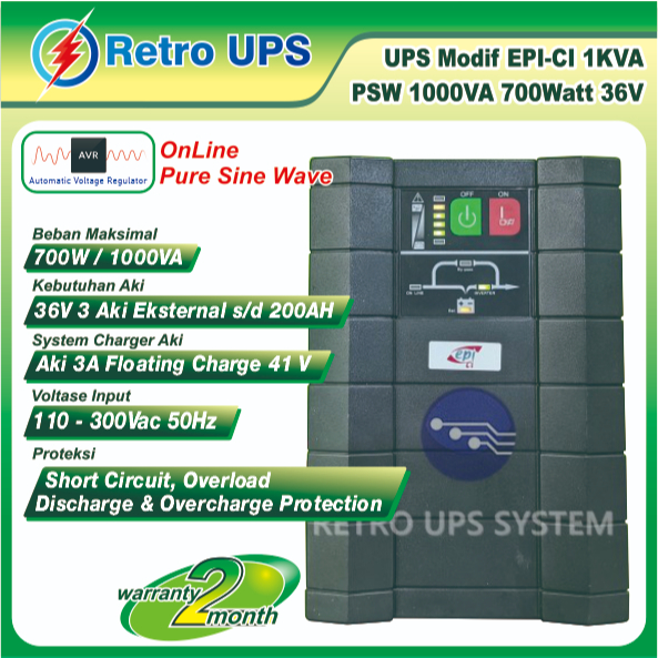 UPS Modifikasi EPI-CI 1KVA PSW 1000VA 700Watt 36V Modif Aki External