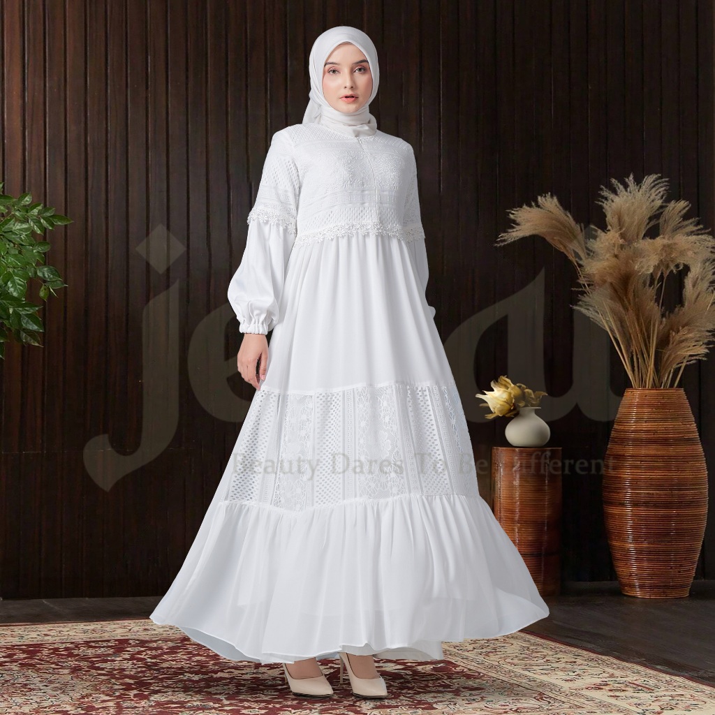 JENAI Gamis Putih Wanita Simple dan Elegan Busui dan wudhu Frindly Kekinian Terbaru / Gamis Brukar B