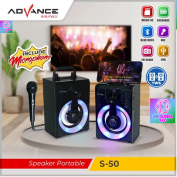 Advance S-50 Speaker Bluetooth Portable 10W + Mic Karaoke Wireless TWS Bass Kuat 4 Inch Support USB,