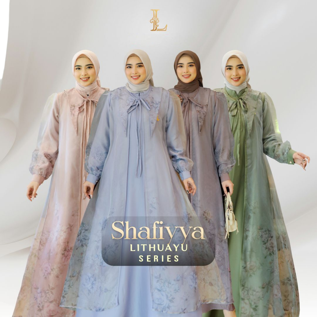 Lithuayu Shafiyya Series Gamis Outer Muslimah Elegan Premium 2 Layer Motif Floral Biru Soft Coklat M