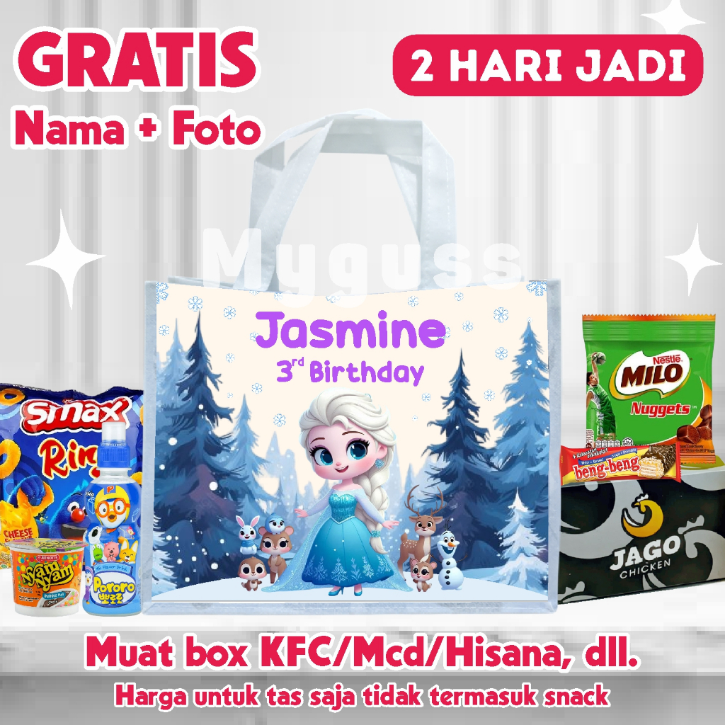 Tas Ultah Anak Free Nama Umur Foto||Goodie Bag Spunbond||Tas Custom Ulang Tahun Anak Tema Frozen
