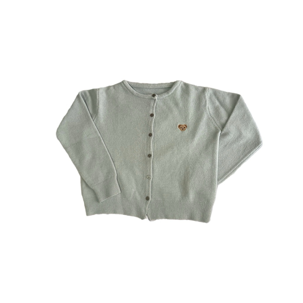 Cardigan Rajut Wanita Lengan Panjang Warna Biru Pastel – Outer Rajut Lucu Bordir Beruang Korean Styl