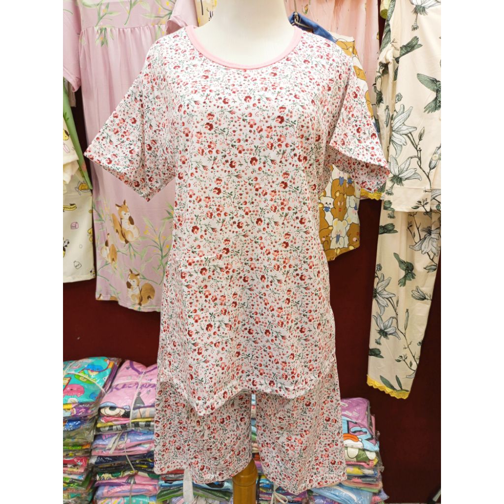 BKH Allsize Setelan Bahan Kaos Babydoll Oblong Celana 3/4 (Selutut) - Tangan Pendek