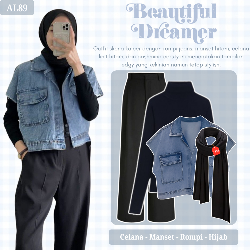 3 In 1 Outfit Kalcer Wanita | Rompi Jeans, Manset Inner, Celana Jennie, Hijab Pashmina Ceruty | AL89