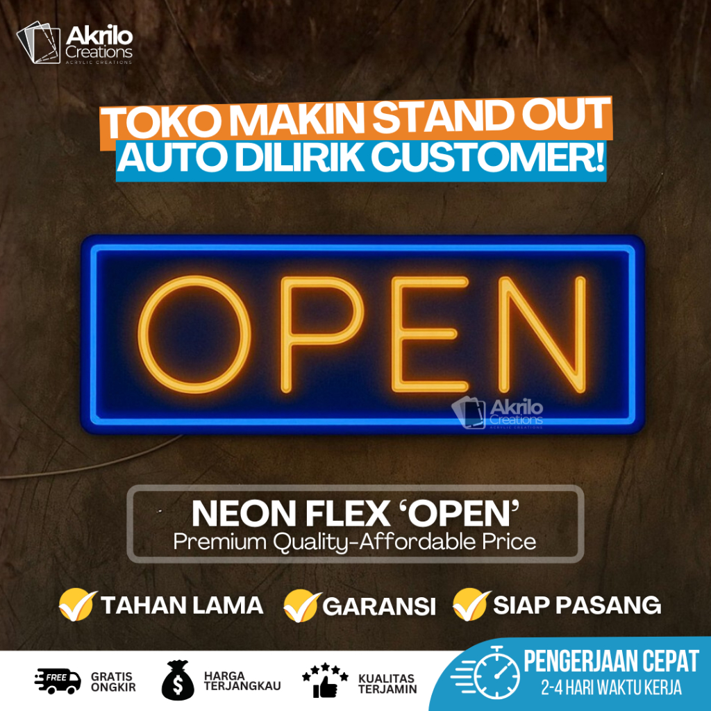 Lampu Neon Flex OPEN SIGN LED 40x20cm Akrilik + Adaptor | Neon Sign Cafe Resto Barbershop Toko