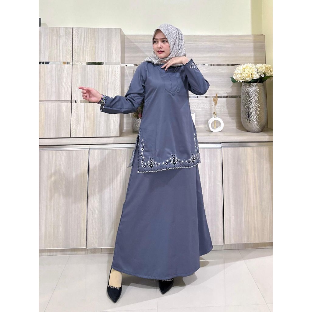 ABU || Stelan Rok Pemda Bordir ASN PDH Gamis Malaysia || Pakaian Wanita || Seragam Kantoran