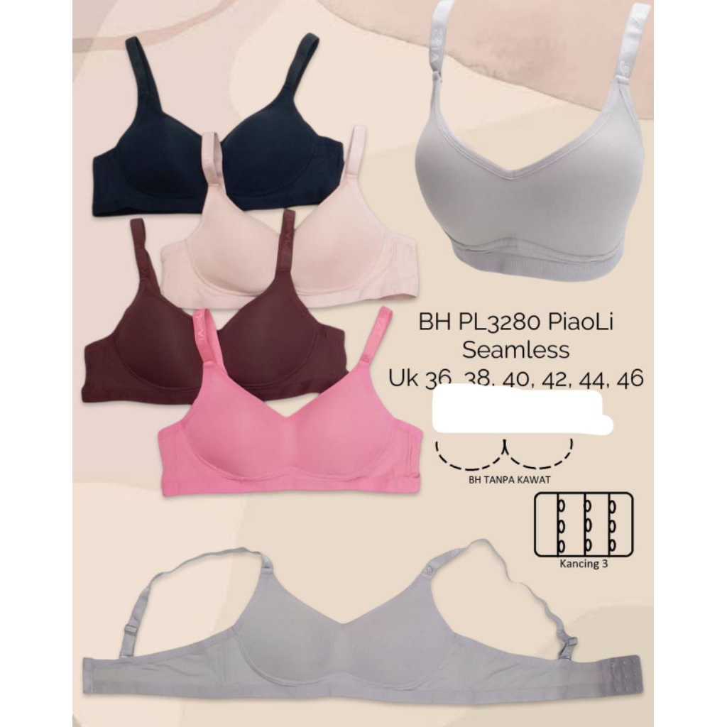 BH BRA IMPORT PIAOLI SEAMLESS TANPA KAWAT KAIT 3 CUP B NO 36-46 TANPA JAHITAN SAMPING HALUS MELAR PA