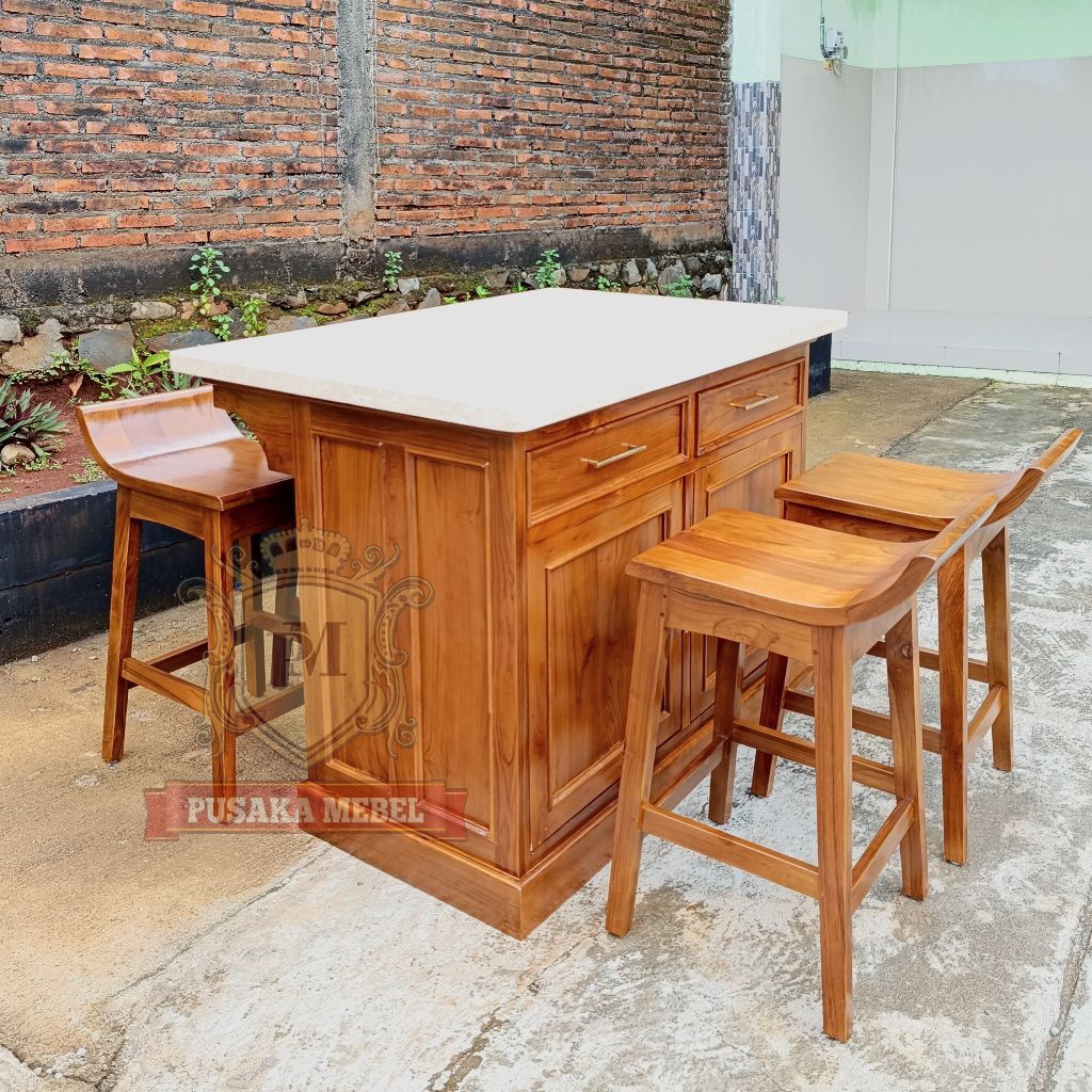 custom minibar kayu jati top marmer set 4 kursi, meja island top marmer set 4 kursi kayu jati model 
