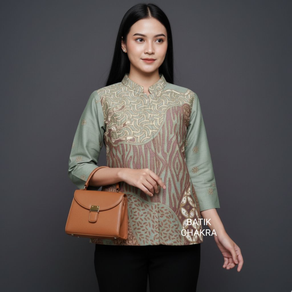 Blus batik wanita modern HIJAU bahan katun lapis full trikot
