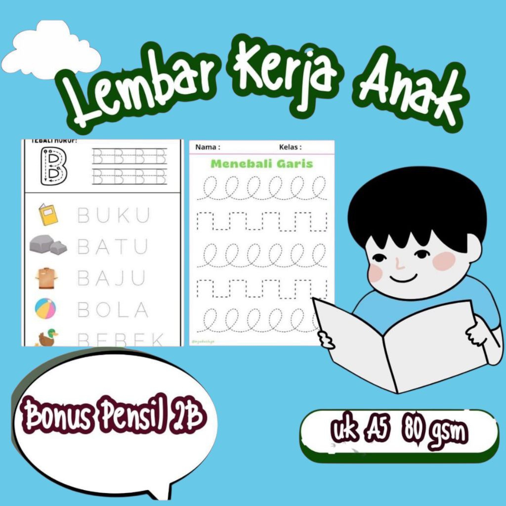 50 LEMBAR KERJA ANAK WORKSHHET/LEMBAR KERJA ANAK TK ANAK SD/SUDAH DAPAT BONUS PENSIL 2B