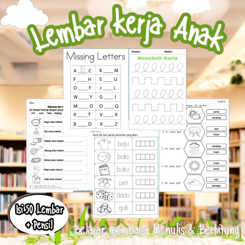 50 LEMBAR KERJA ANAK WORKSHHET/LEMBAR KERJA ANAK TK ANAK SD/SUDAH DAPAT BONUS PENSIL 2B