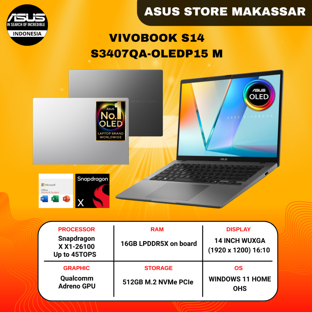 ASUS Vivobook S14 OLED S3407QA Snapdragon X RAM 16GB 512GB SSD 14" OLED W11
