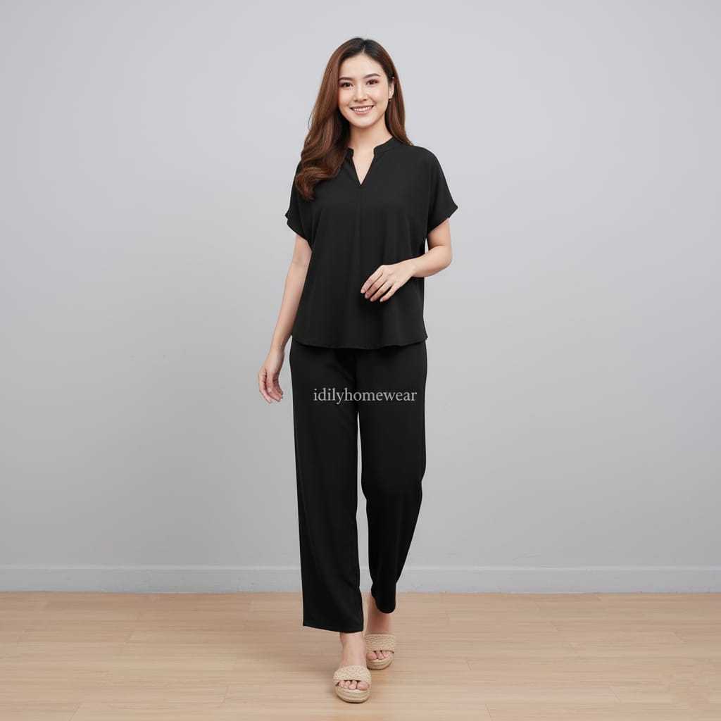 Setelan Rayon Wanita Polos | Setcel Kerah Sanghai Celana Kulot Lengan Pendek ONE SET RAYON POLOS Cel
