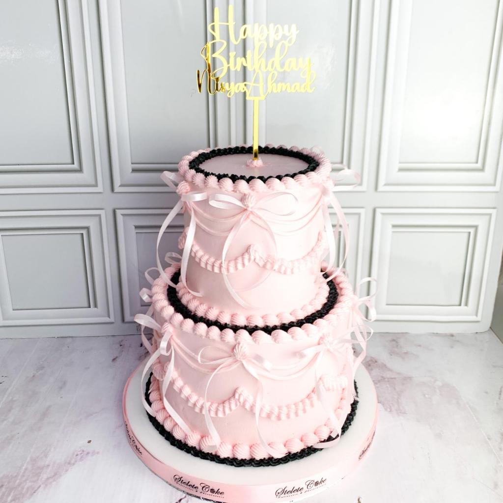 Kue ulang Tahun/Birthday Cake/Kue Ultah Tema Ribbon Pink Black/ribbon Cake/Kue Birthday Jakarta