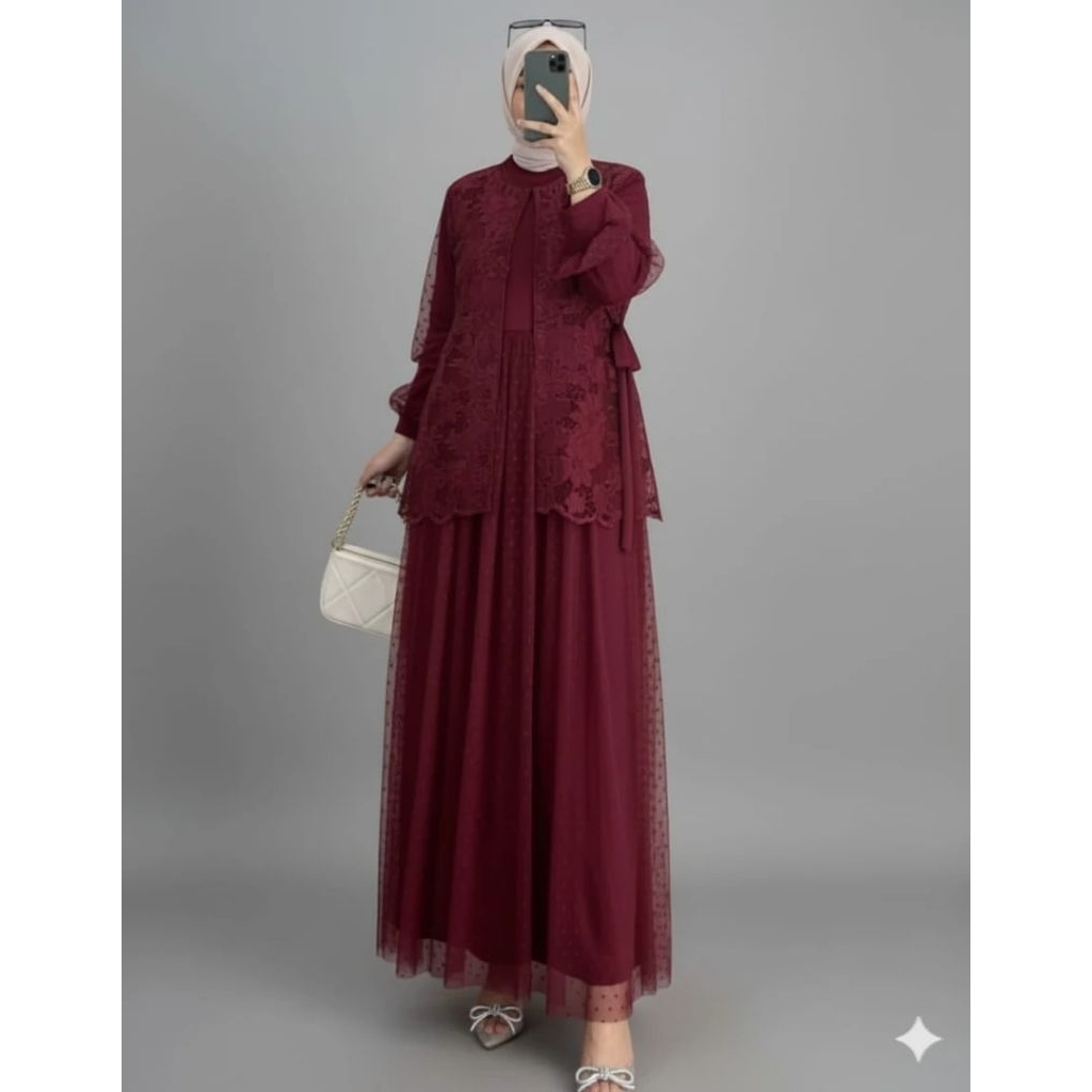 new dress sakura,bahan velvet mix tile dot&burkat outer terpisah bisa lepas pasang murah berkualitas