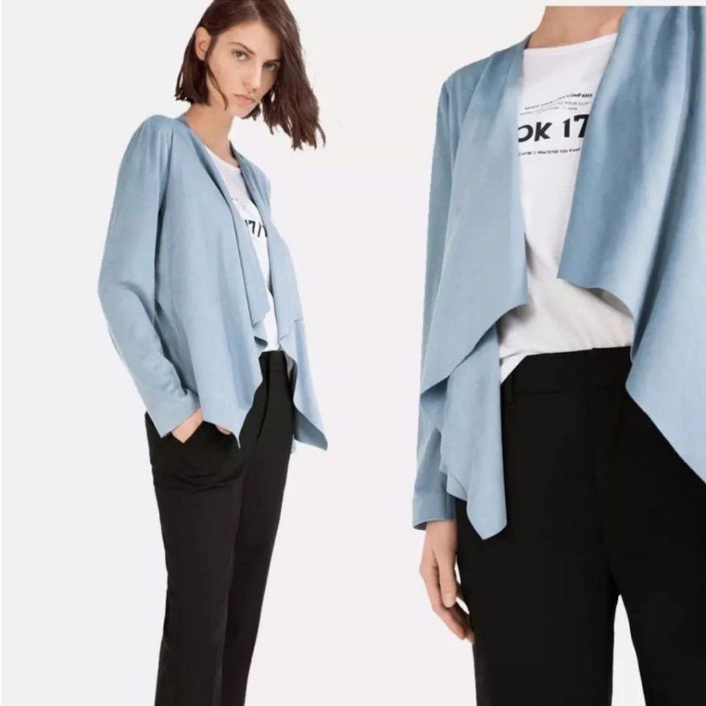 Zara Women’s Light Blue Faux Suede Soft Open Front Jacket Stretch Draped