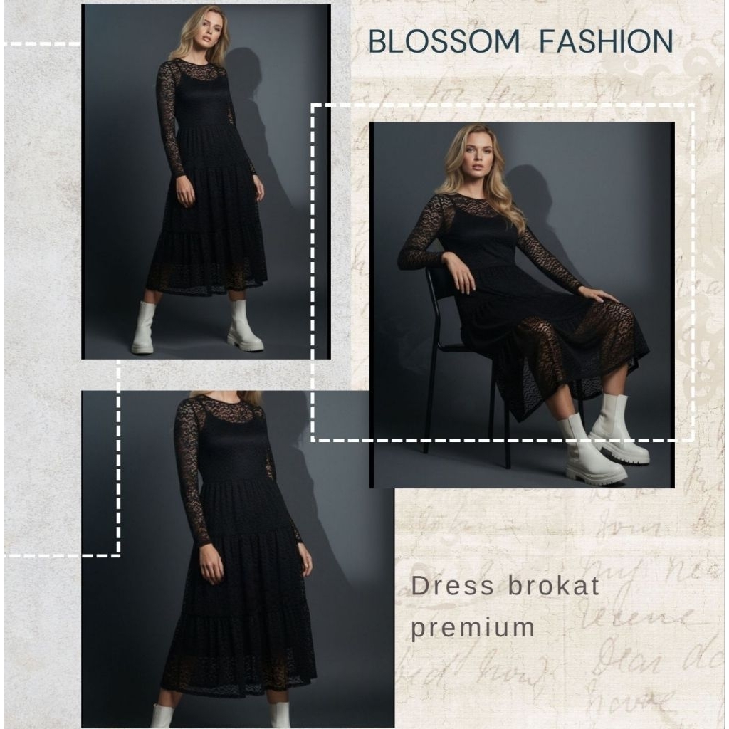 Dress Hitam Renda Elegan Wanita Gaun Midi Lengan Panjang, Bahan Lace Premium, Cocok untuk Pesta & Ac