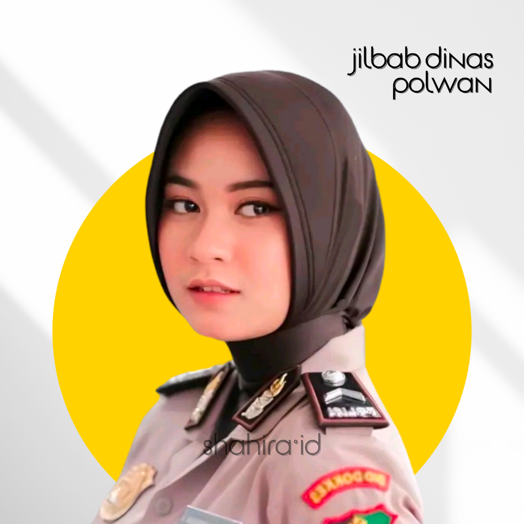 Jilbab dinas premium coklat pramuka polwan hitam ikat leher tali kancing belakang pet antem berkuali