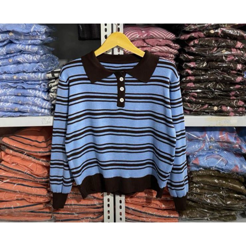 Sweater Rajut Wanita Garis Biru Coklat | Rajut Lengan Panjang | Polo Knit Korea Style