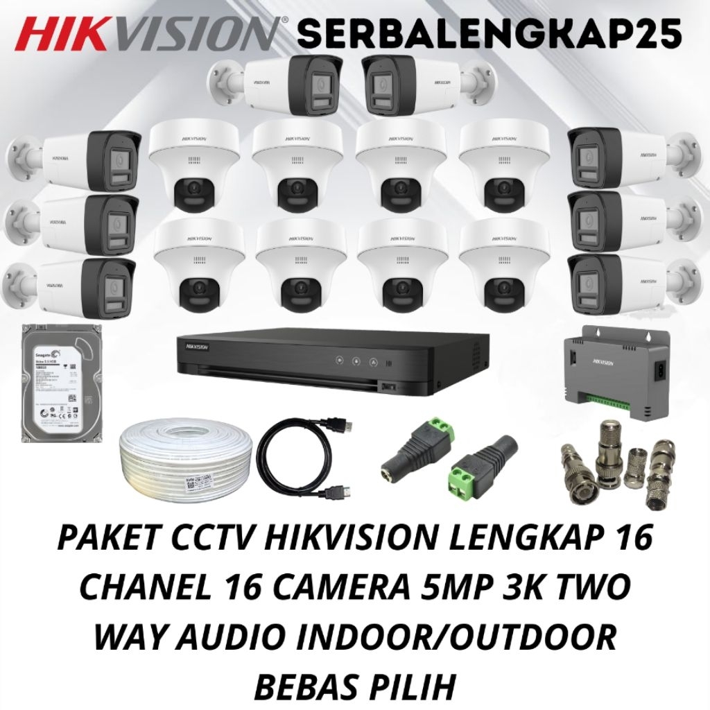 PAKET CCTV HIKVISION 16 CHANNEL 16 CAMERA 5MP TWO WAY AUDIO CAMERA CCTV