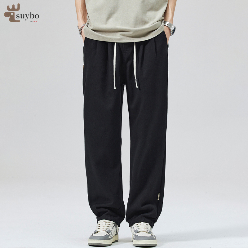 Suyboy Celana kasual pria korea Black Loose pants Santai Model lurus Fashiona Celana karet Men Pants