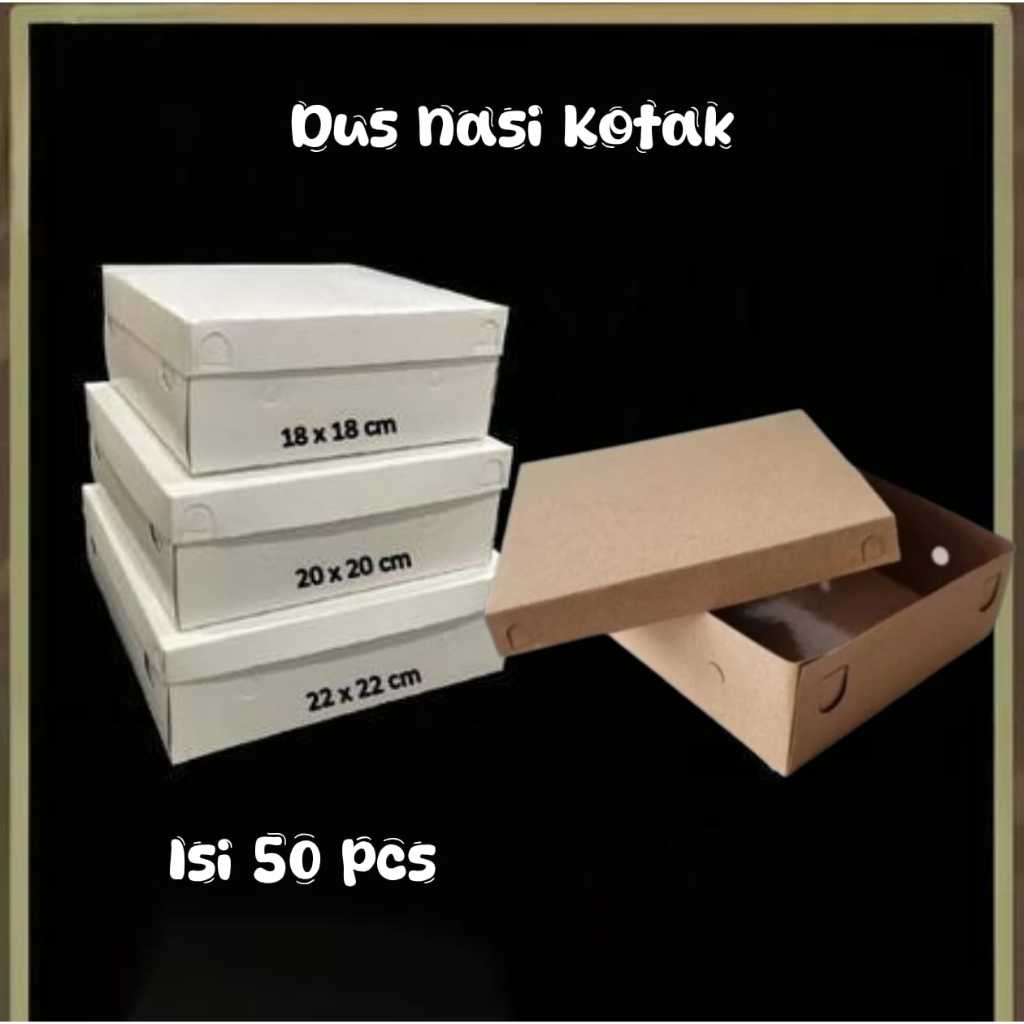 50 Pcs Hemat Box Dus Nasi Kotak Mika 18x18 20x20 TPS Putih Polos Kraft Coklat Motif Merah